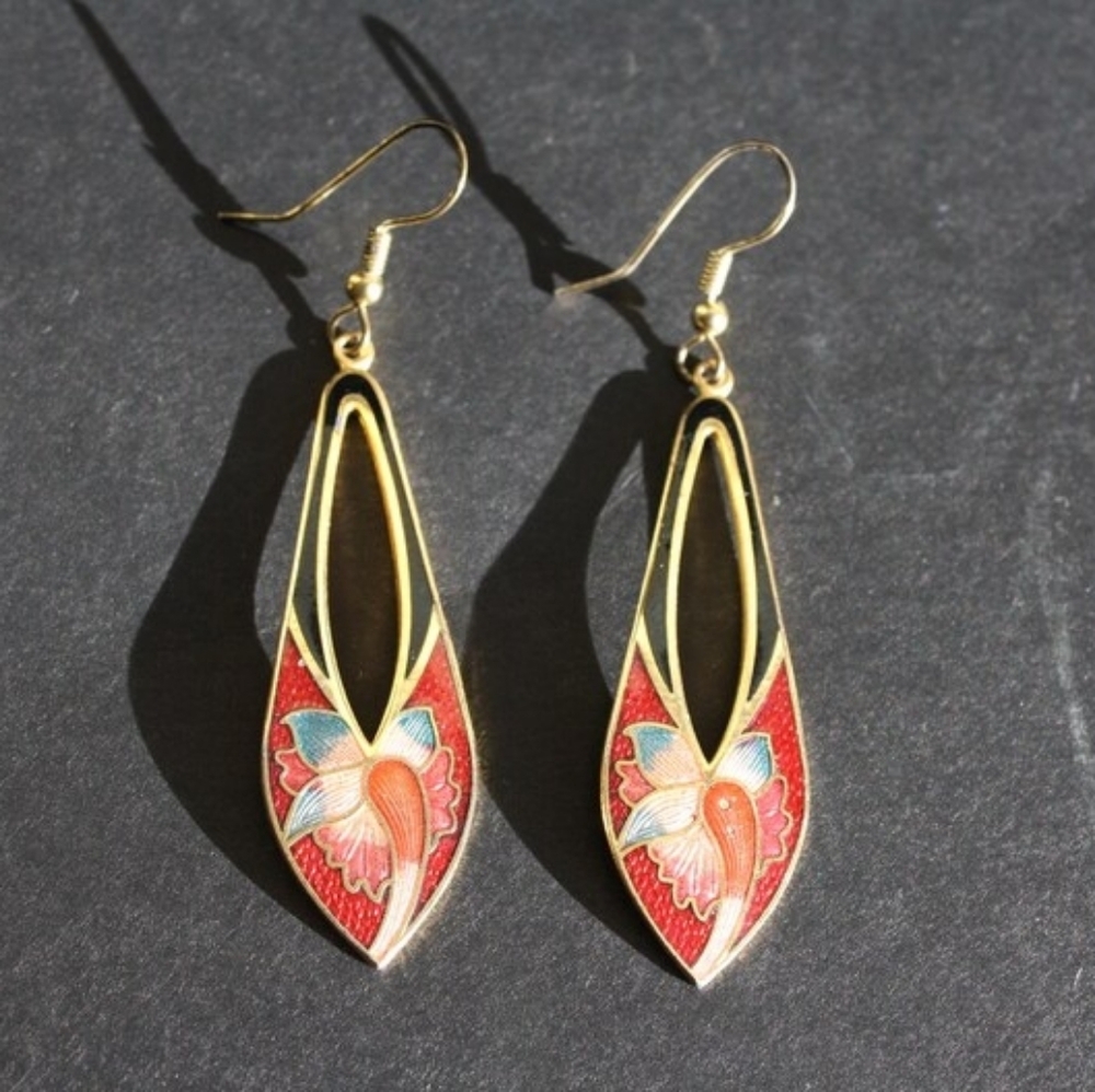 vintage 1980s cloissonne earrings Red floral Dangle pierced ears